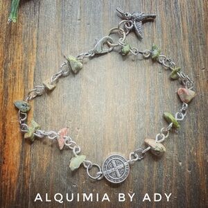 OLIVE 🫒 Silver Bracelet with Green and Pink Accents UNAKITE + SAINT BENEDICT